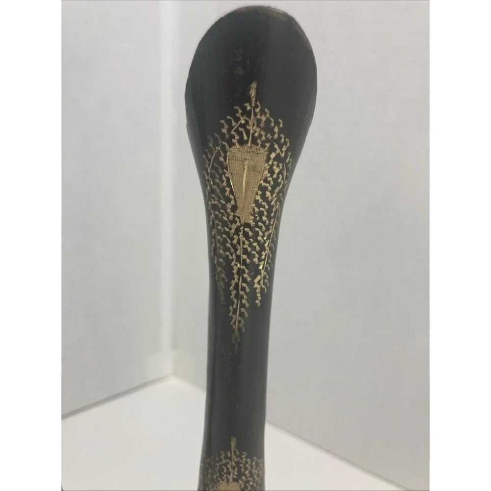 Set of 2 Vtg Solid Brass Black Gold Hand Etched Flower Design Vases 9.5 inch‎